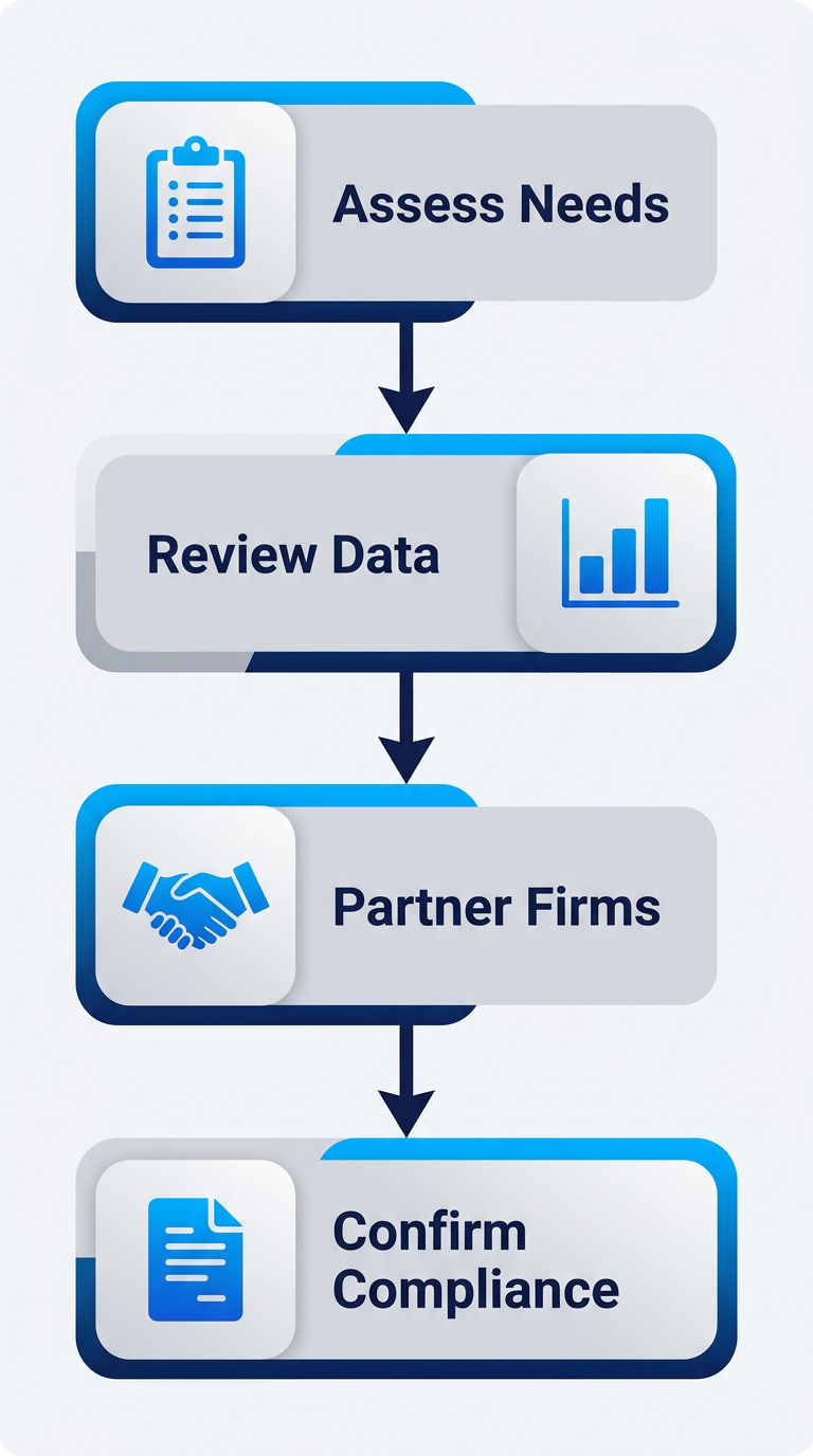 Vertical process flow diagram for hiring event staff in Toronto: assess needs with clipboard, review Job Bank market data with bar chart, partner with staffing firms with handshake, confirm compliance with legal document.