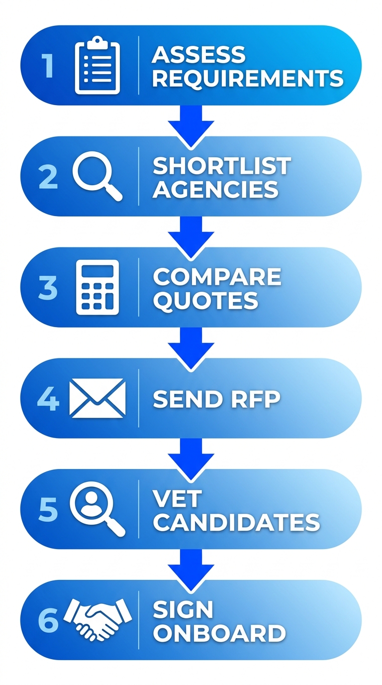 Vertical process flow illustrating 6 steps to hire staffing from agencies in Mississauga with icons and arrows