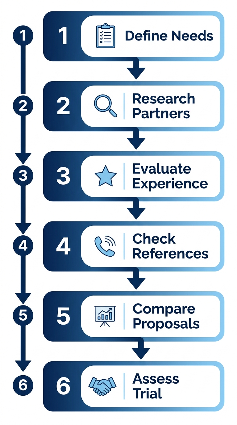 Vertical process flow diagram showing 6 steps to select a staffing partner in Toronto: define needs, research partners, evaluate experience, check references, compare proposals, assess and trial.