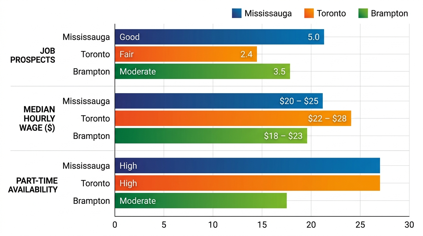 Horizontal grouped bar chart comparing job prospects, median wages, and part-time availability for brand ambassadors in Mississauga, Toronto, and Brampton.