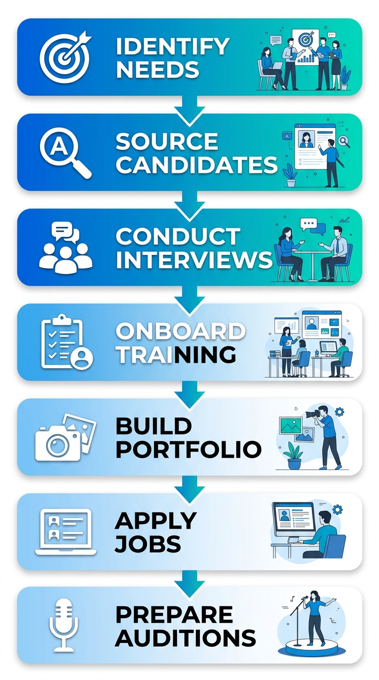 Vertical process flow diagram illustrating seven steps to hire or become a brand ambassador: identify campaign needs, source candidates, conduct interviews, onboard with training, build portfolio, apply to jobs, prepare for auditions, with relevant icons and gradient blue design.