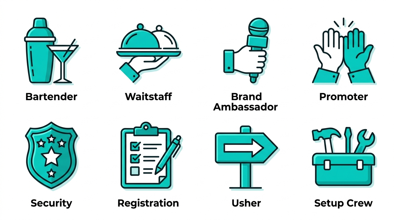 Grid of 8 icons for event staffing services in Mississauga: bartender, waitstaff, brand ambassador, promoter, security, registration, usher, setup crew.