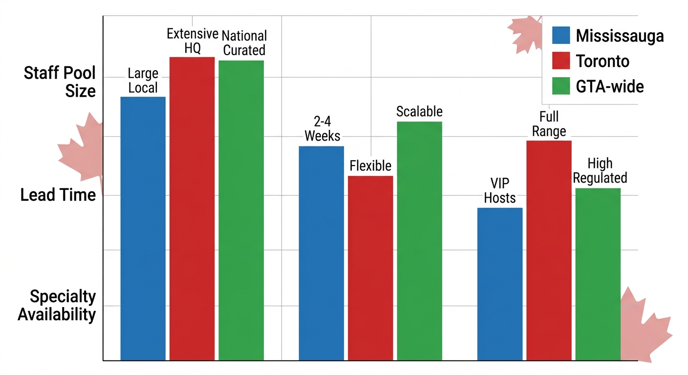 Grouped bar chart of event staffing comparison: Mississauga blue, Toronto red, GTA green across staff pool, lead time, specialty availability