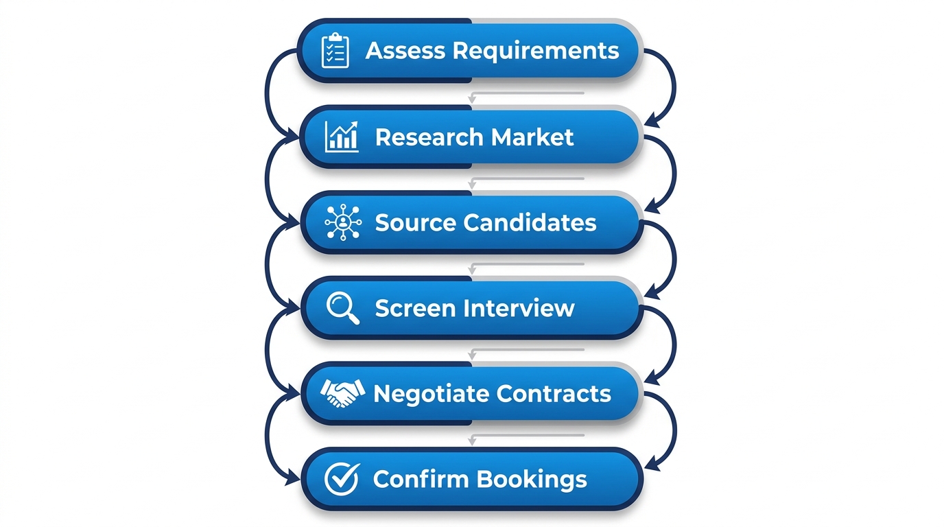 Vertical process flow diagram of six steps to secure event staffing in Mississauga: assess requirements, research market, source candidates, screen and interview, negotiate contracts, confirm bookings with icons.