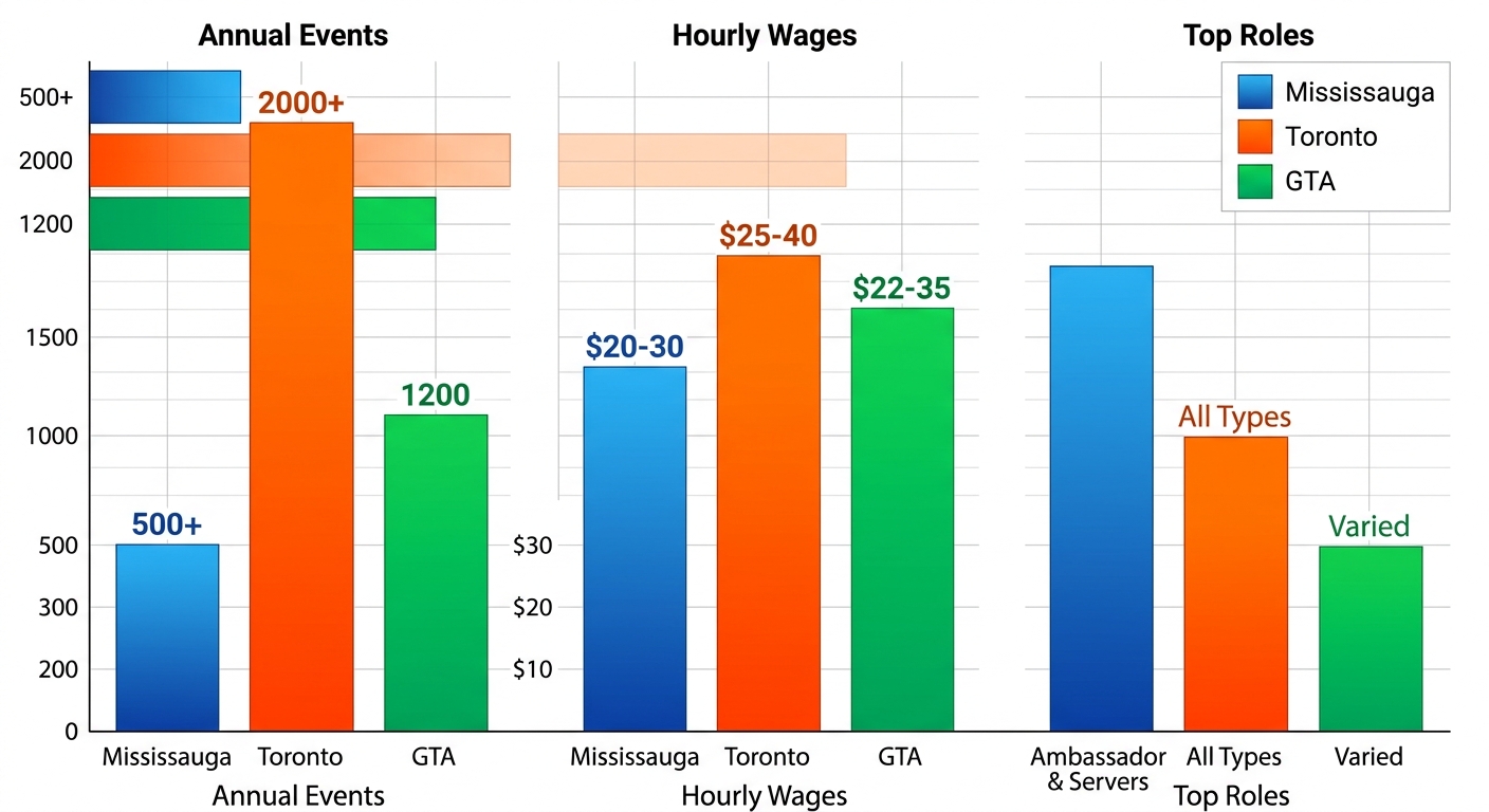 Grouped horizontal bar chart comparing event staffing metrics: annual events, hourly wages, and top roles across Mississauga, Toronto, and GTA average