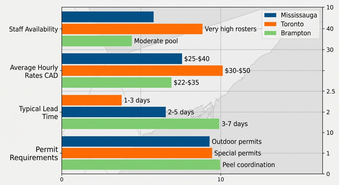 Grouped horizontal bar chart of event staffing metrics: availability, rates, lead times, permits for Mississauga (blue), Toronto (orange), Brampton (green)