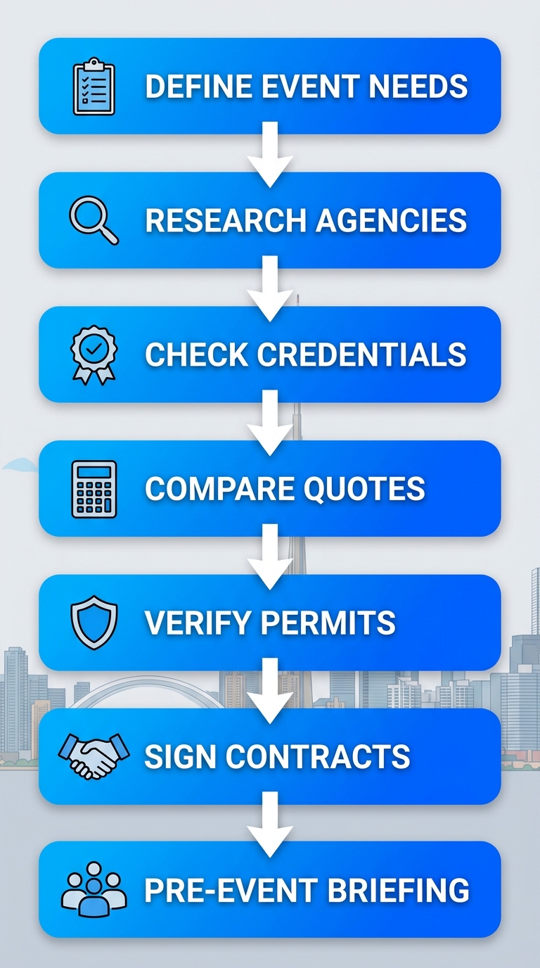 Vertical process flow diagram of 7 steps to hire reliable event staff in Mississauga with icons and arrows