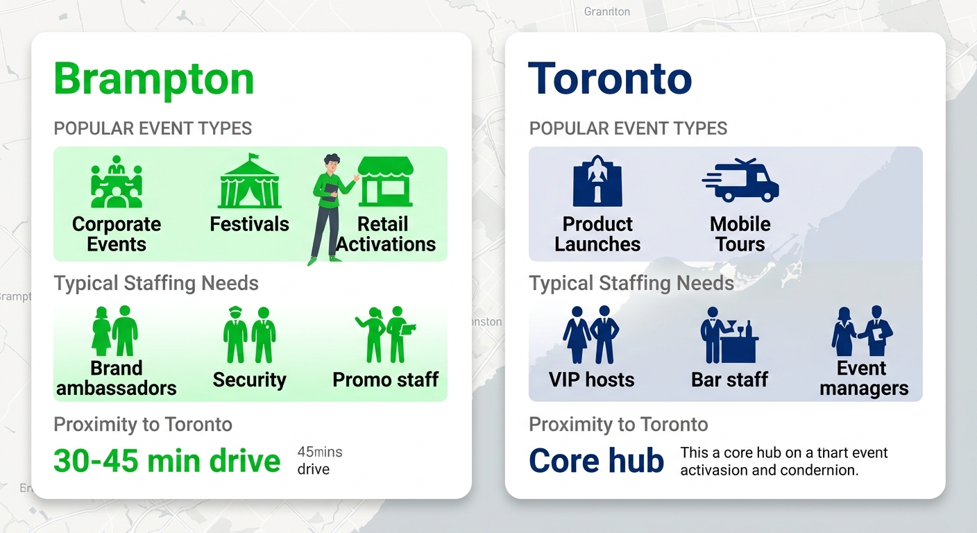 Infographic comparing Brampton and Toronto event landscapes, staffing needs, and proximity with icons and table data.