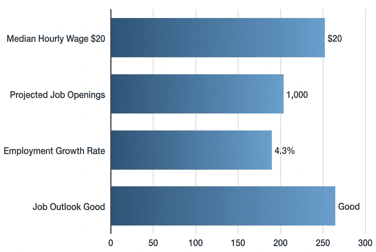 Horizontal bar chart of Ontario event staffing market statistics: wages, job openings, growth rate, and outlook from Job Bank NOC 16455 data