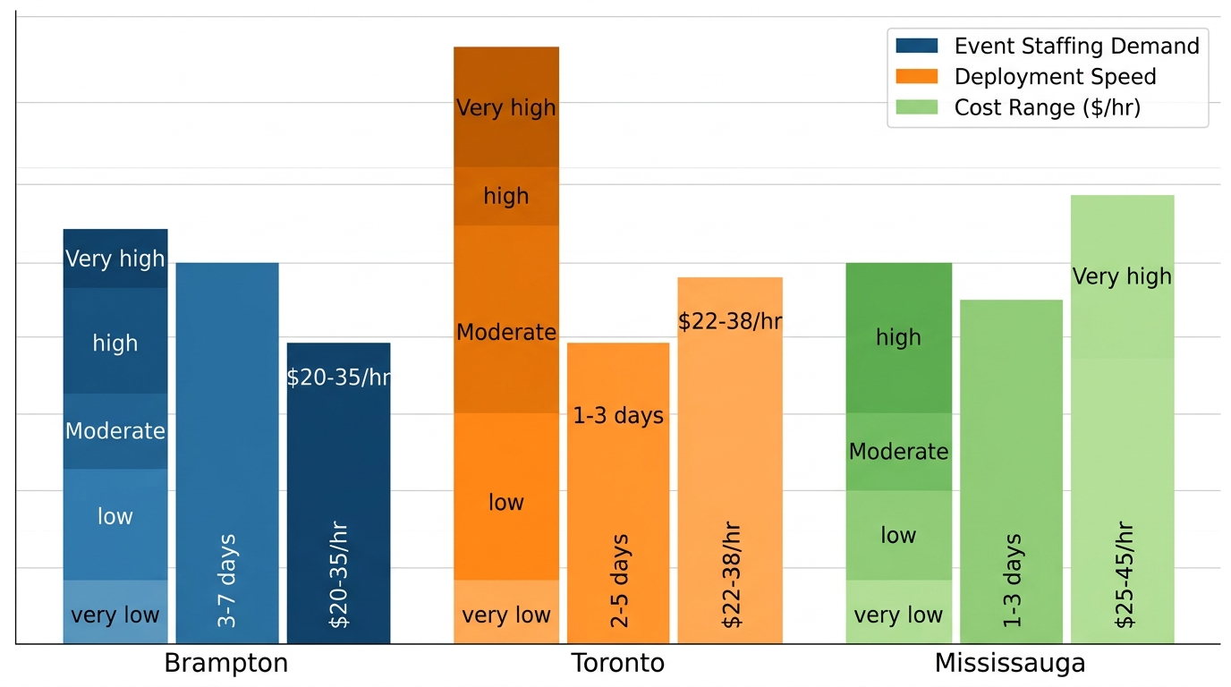 Horizontal bar chart comparing event staffing demand, deployment speed, and costs across Brampton, Toronto, and Mississauga.