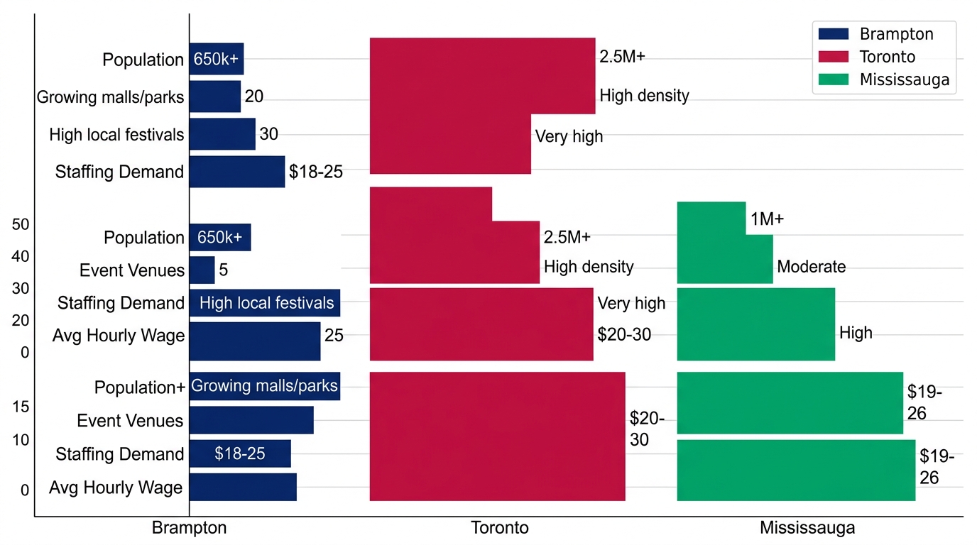 Horizontal grouped bar chart comparing event staffing metrics across GTA areas