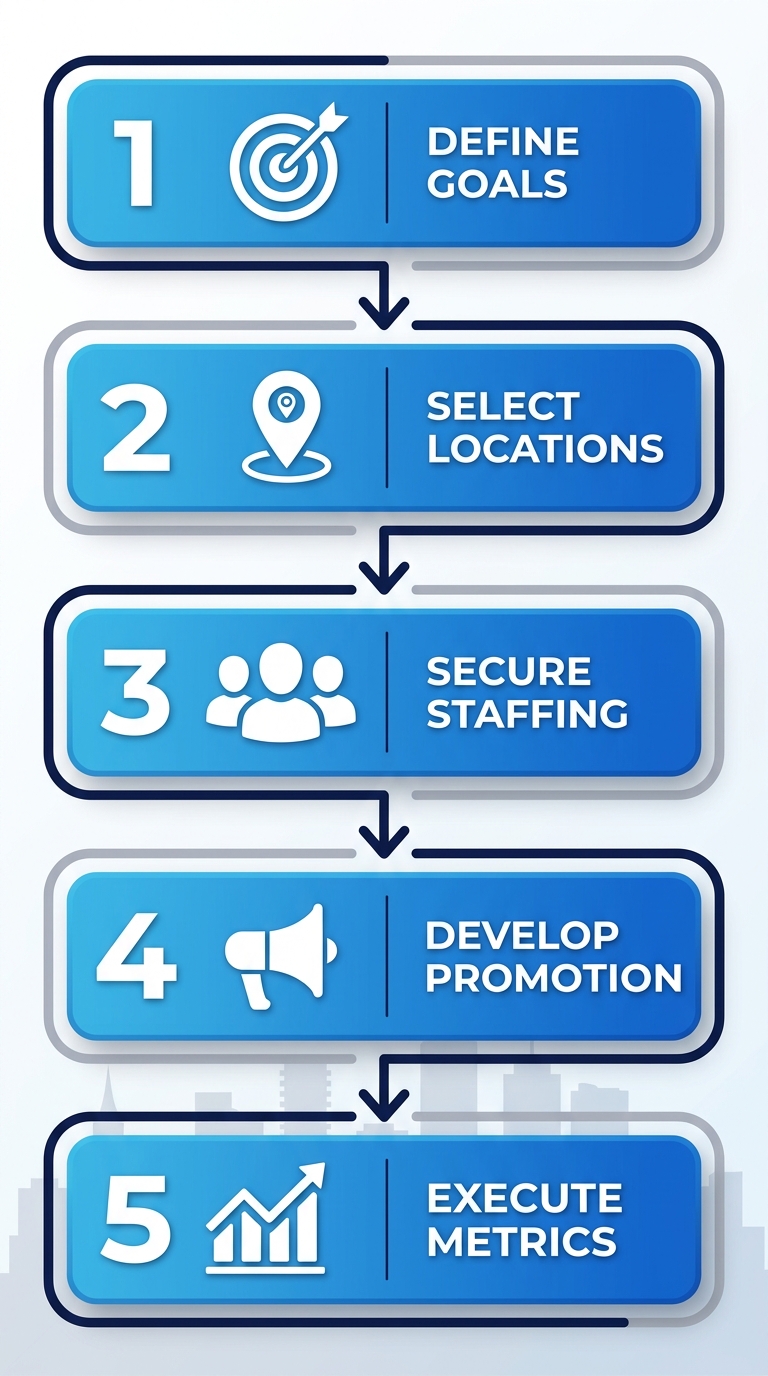 Vertical process flow diagram with 5 steps for launching experiential marketing campaigns in Brampton: define goals, select locations, secure staffing, develop promotion, execute metrics.
