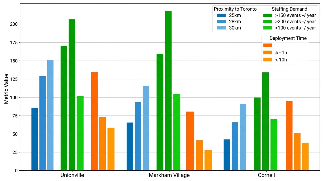 Horizontal grouped bar chart of event staffing metrics in Markham regions: proximity to Toronto, staffing demand, and deployment time