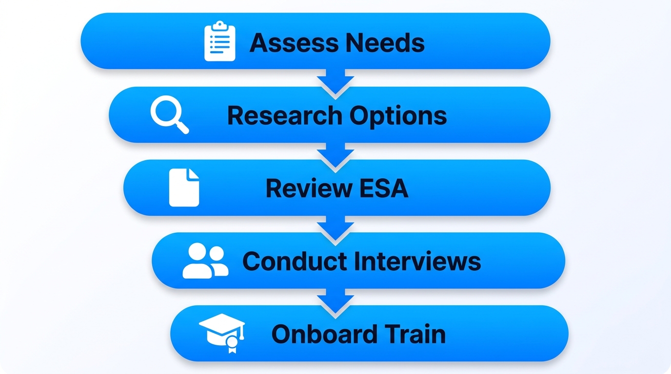 Vertical process flow diagram with five steps to hire event staff in Markham: assess needs, research options, review ESA, conduct interviews, onboard and train.
