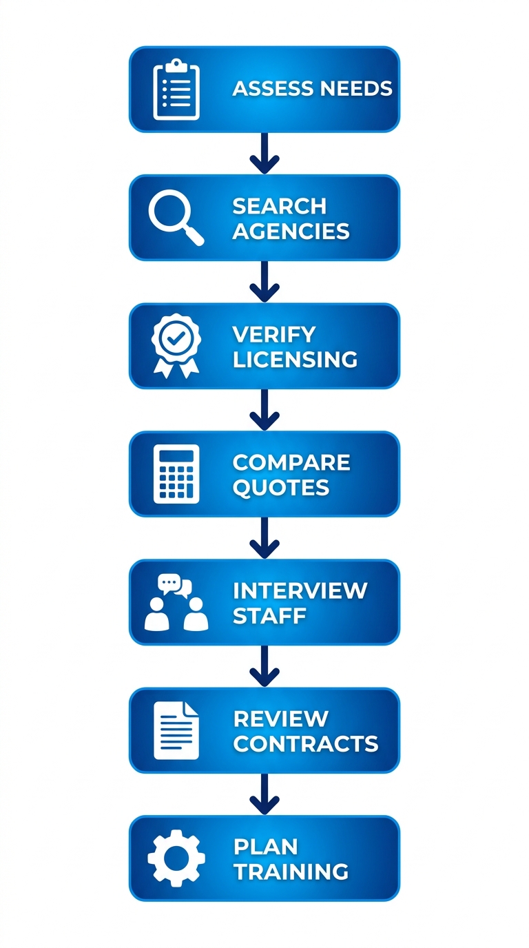 Vertical process flow diagram showing 7 steps to hire licensed event staff in Brampton, Ontario
