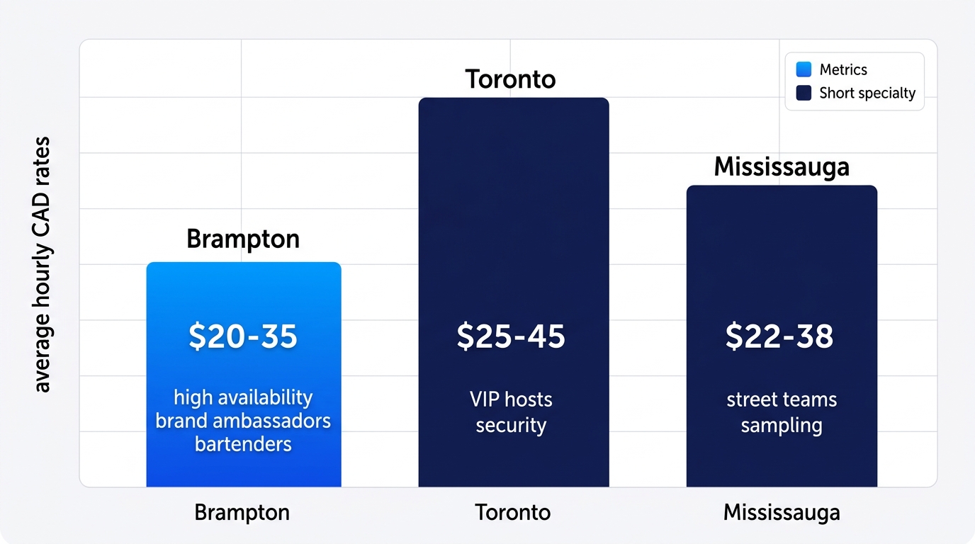 Horizontal bar chart comparing average hourly event staffing rates in Brampton, Toronto, and Mississauga GTA areas