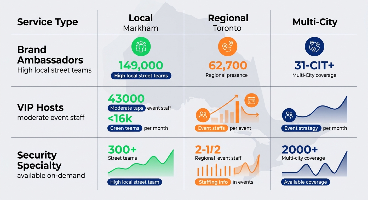 Infographic comparing event staffing options in Markham: local availability, regional Toronto support, multi-city capabilities for brand ambassadors, VIP hosts, and security.