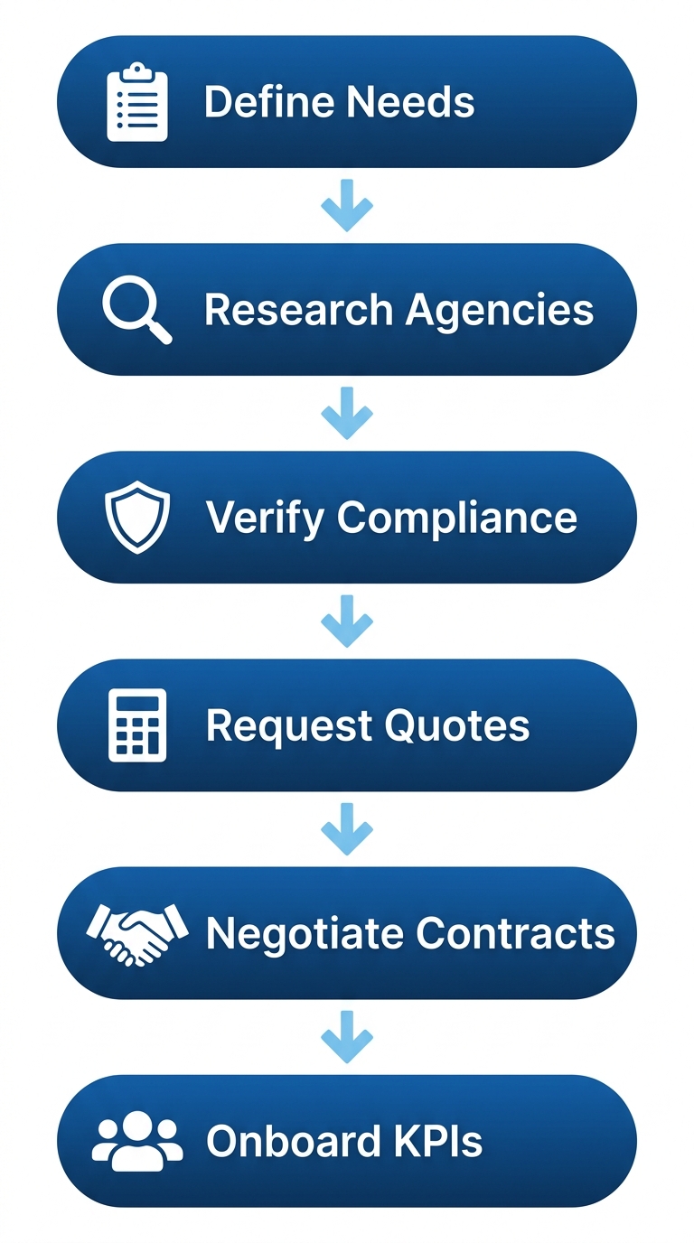 Vertical process flow diagram illustrating 6 steps to hire Markham staffing agencies: define needs, research, verify compliance, request quotes, negotiate contracts, onboard and set KPIs