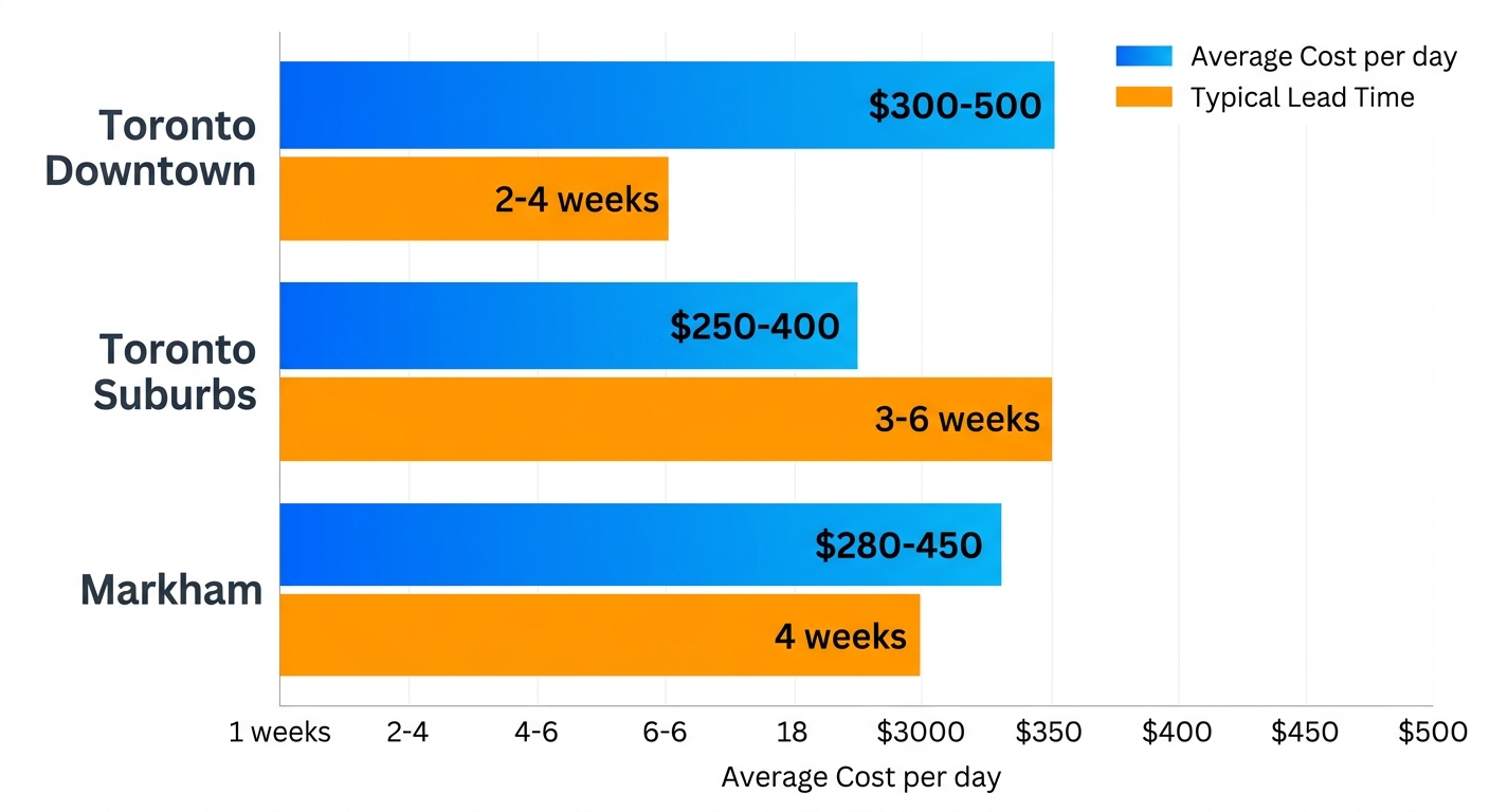 Grouped horizontal bar chart comparing event staffing average costs and lead times in Toronto Downtown, Suburbs, and Markham.