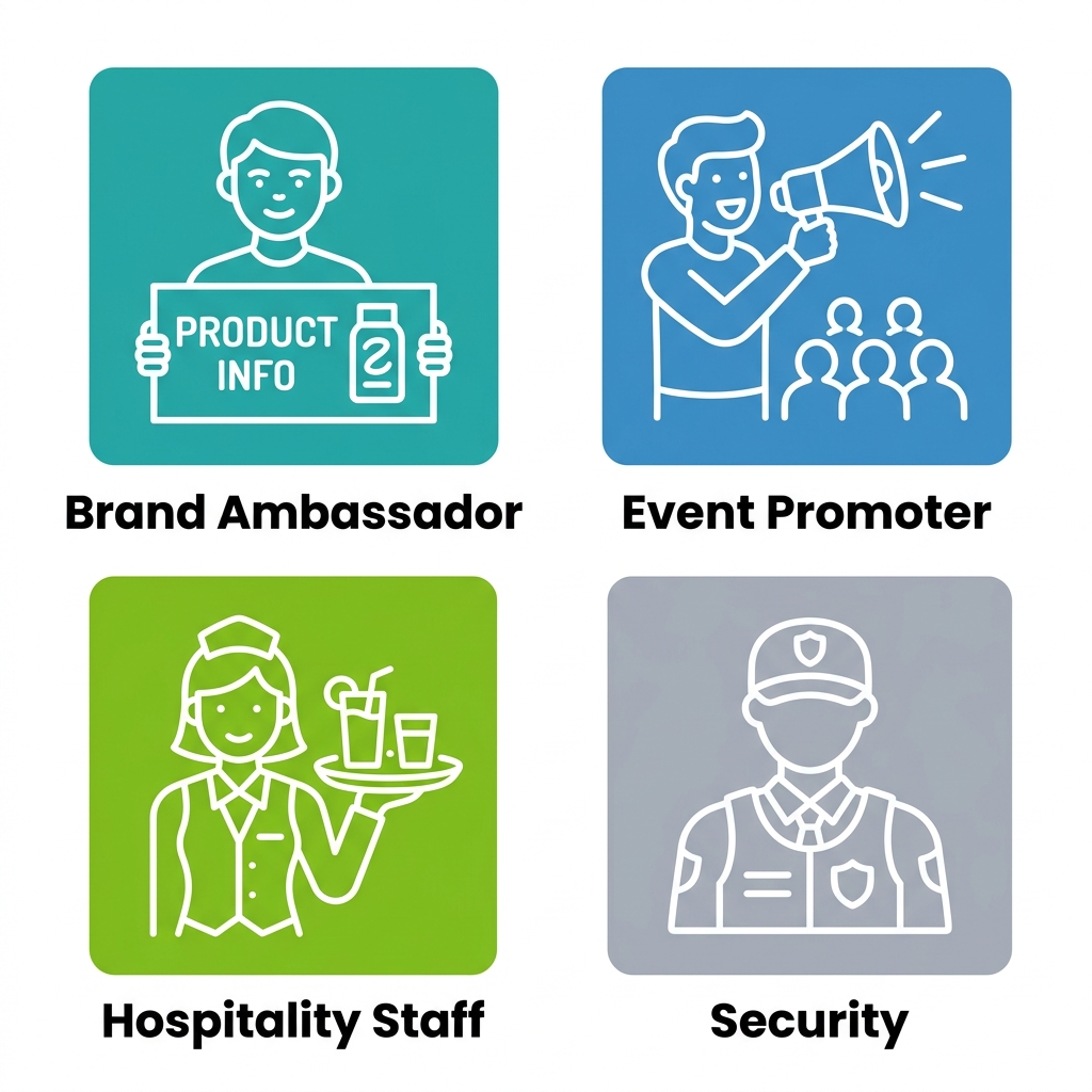 2x2 grid of modern flat icons depicting brand ambassador, event promoter, hospitality staff, and security personnel for Toronto events with short labels.