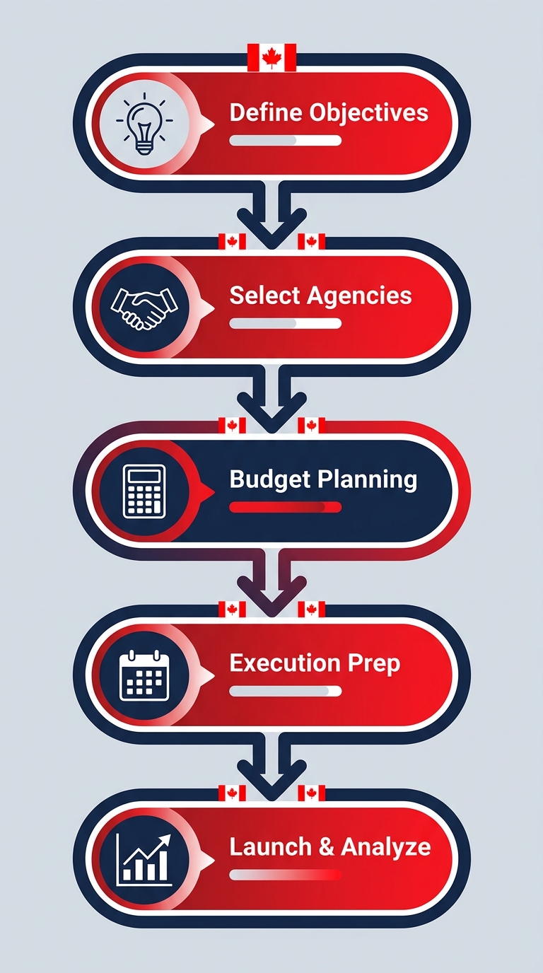 Vertical process flow diagram outlining 5 steps to launch an experiential marketing campaign in Canada with icons and Canadian elements