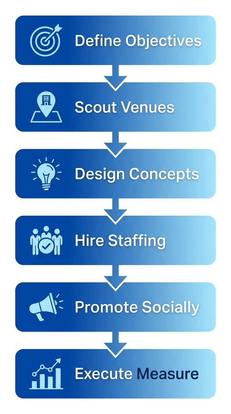 Vertical process flow illustrating 6 steps to launch a brand activation in Toronto with icons and minimal labels
