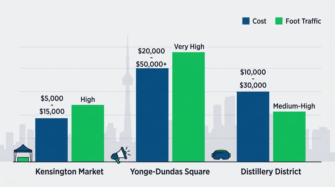 Horizontal bar chart comparing Toronto neighbourhoods Kensington Market, Yonge-Dundas Square, Distillery District by brand activation costs and foot traffic levels with icons.