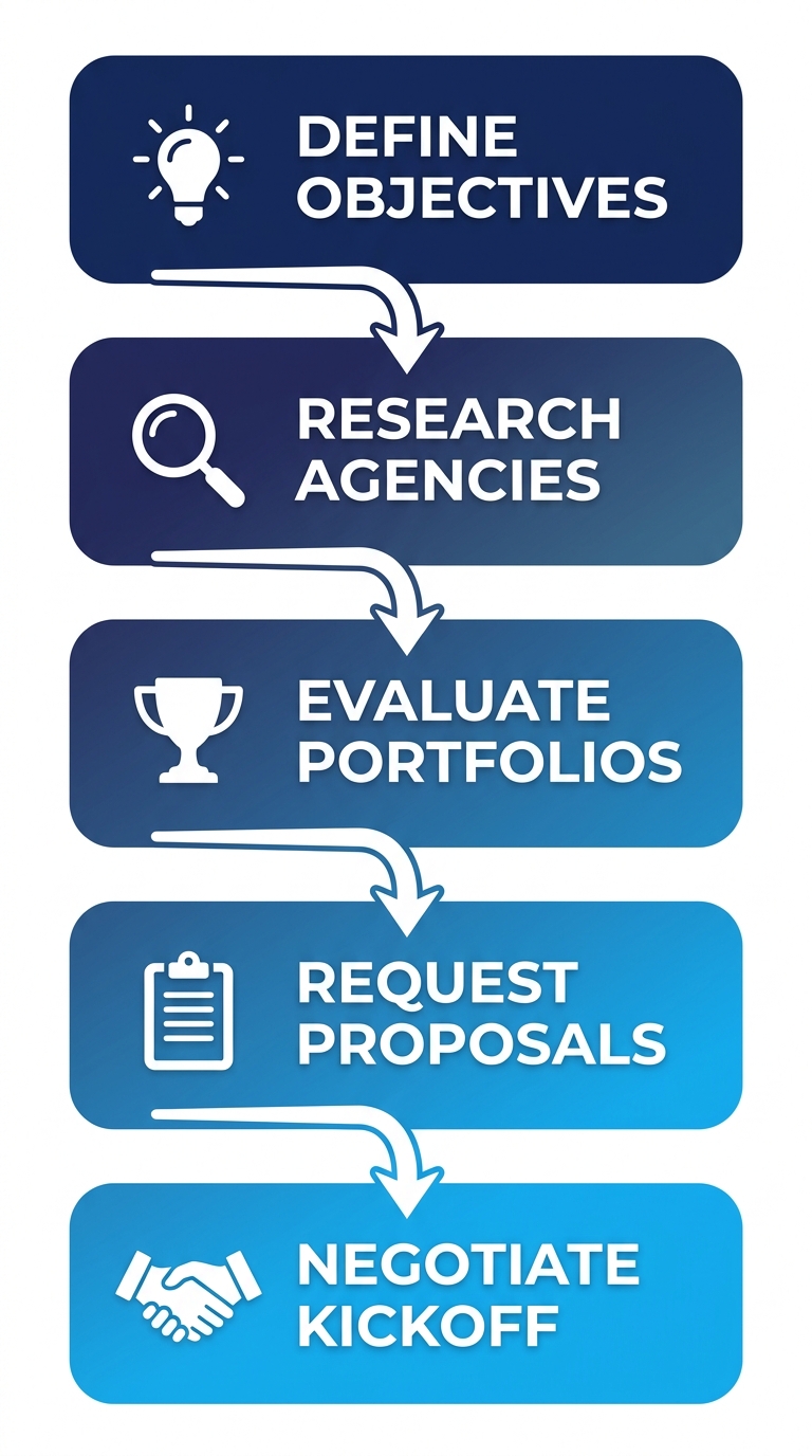 Vertical process flow diagram with 5 steps to partner with an experiential marketing agency