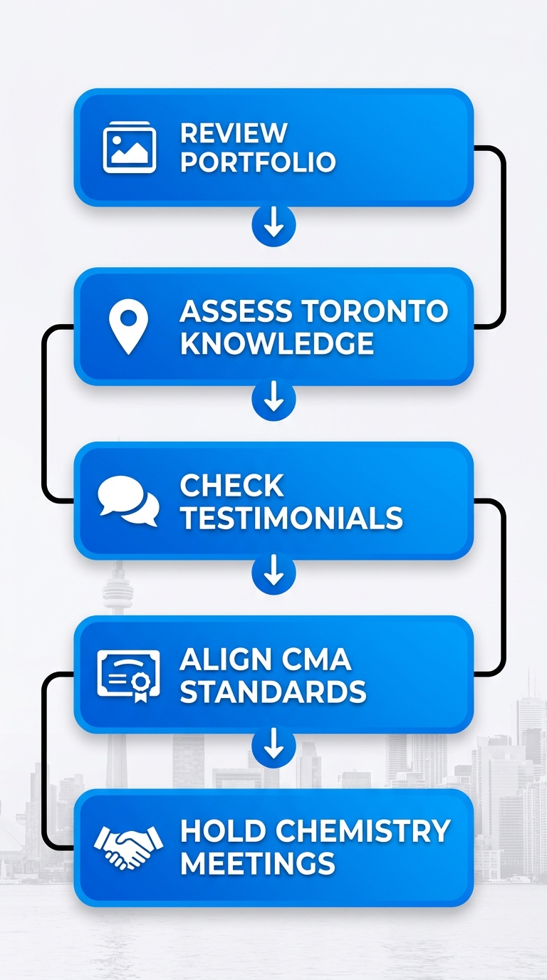 Vertical process flow diagram with five steps for choosing an event marketing partner in Toronto: review portfolio, assess local knowledge, check testimonials, align standards, hold meetings.