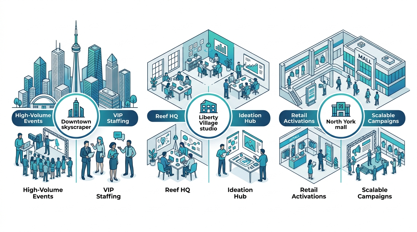 Infographic comparing event marketing capabilities in Toronto's Downtown, Liberty Village, and North York neighbourhoods