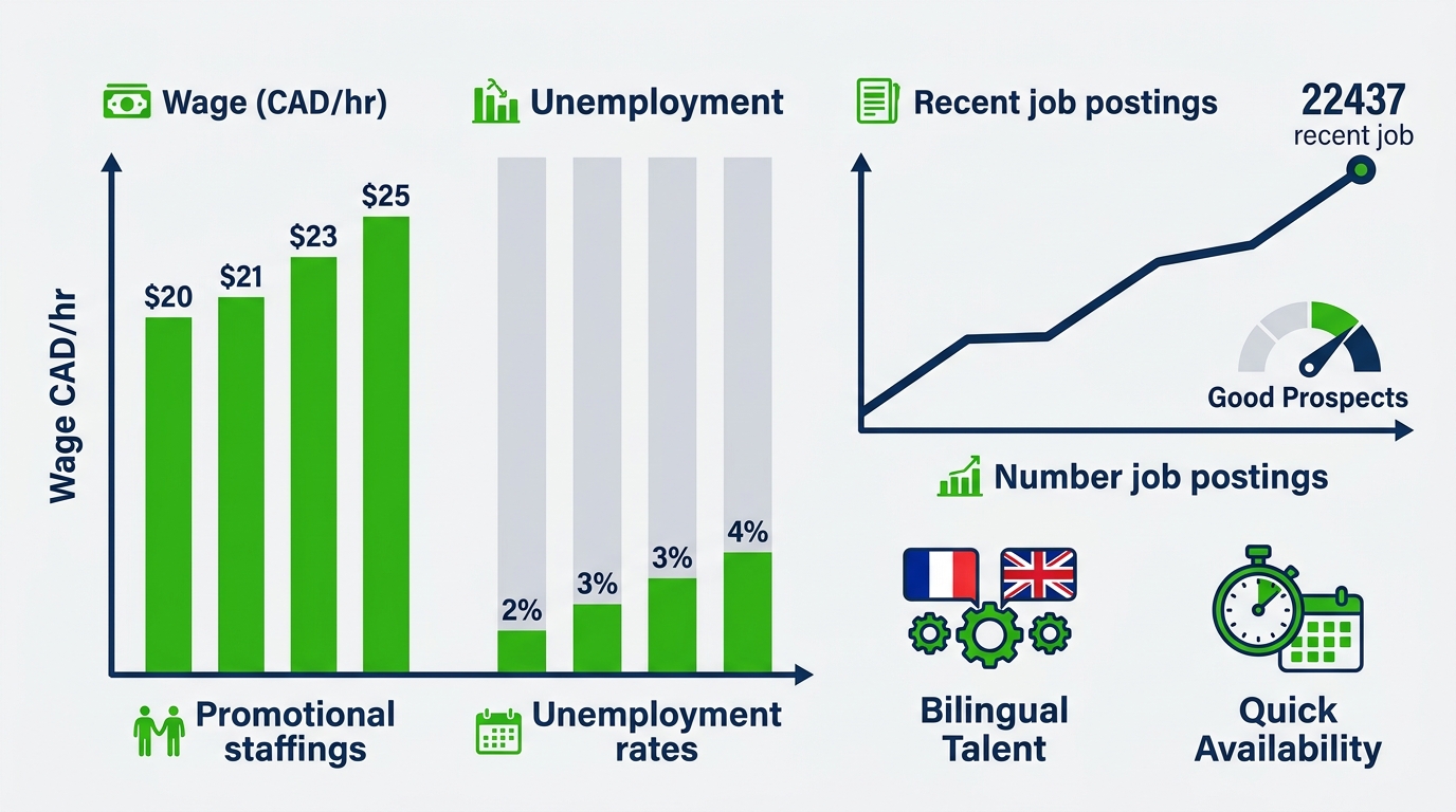 Infographic visualizing Toronto event staffing market with wages, unemployment, job postings, prospects, bilingual talent and availability icons