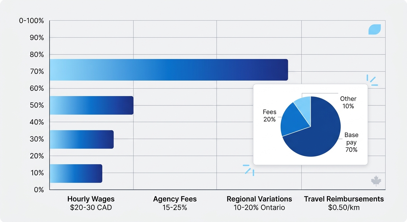 Horizontal bar chart of event staffing budget components in Canada with inset pie chart, showing wages, fees, variations, and reimbursements.
