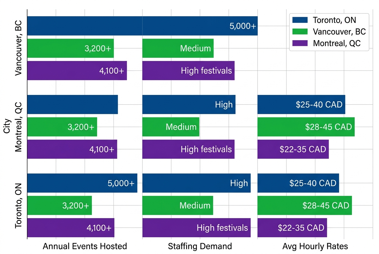 Horizontal bar chart comparing event staffing metrics: annual events, demand levels, and hourly rates across Toronto, Vancouver, and Montreal.