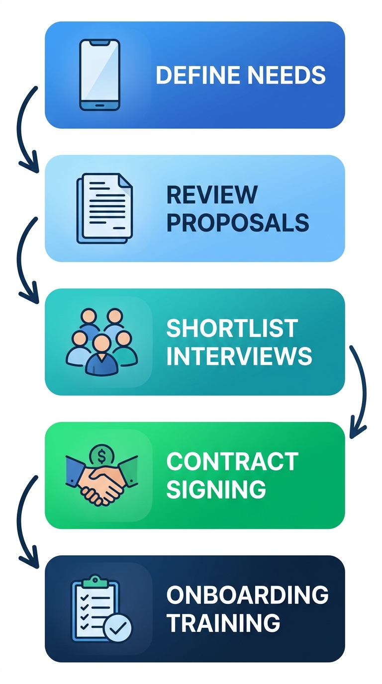Vertical process flow diagram illustrating 5 stages of hiring staff from Canadian agencies: define needs, review proposals, shortlist interviews, contract signing, onboarding training with icons.