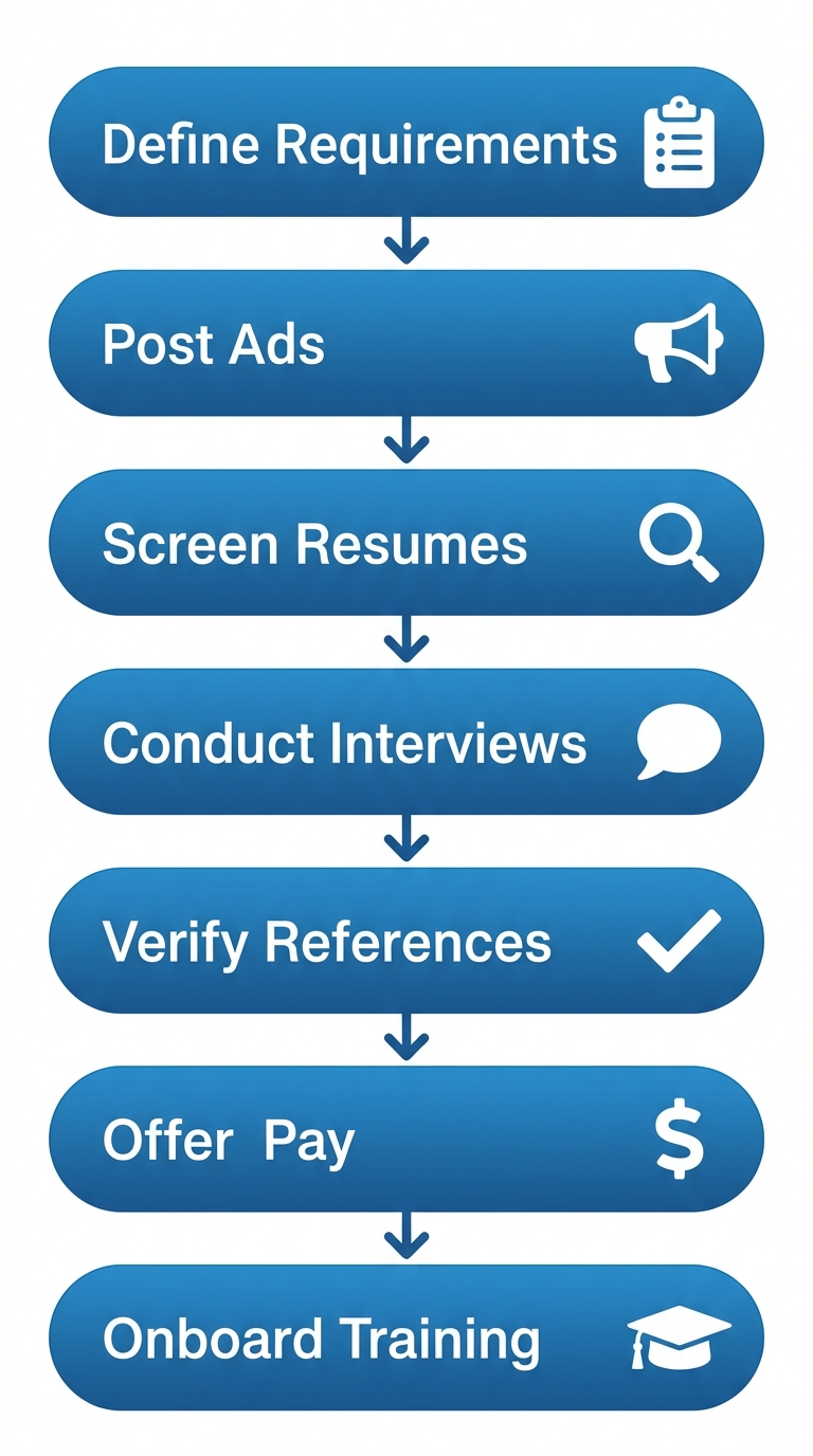 Vertical process flow diagram with 7 steps to hire trade show staff effectively: define requirements, post ads, screen resumes, conduct interviews, verify references, offer pay, onboard training, featuring relevant icons.