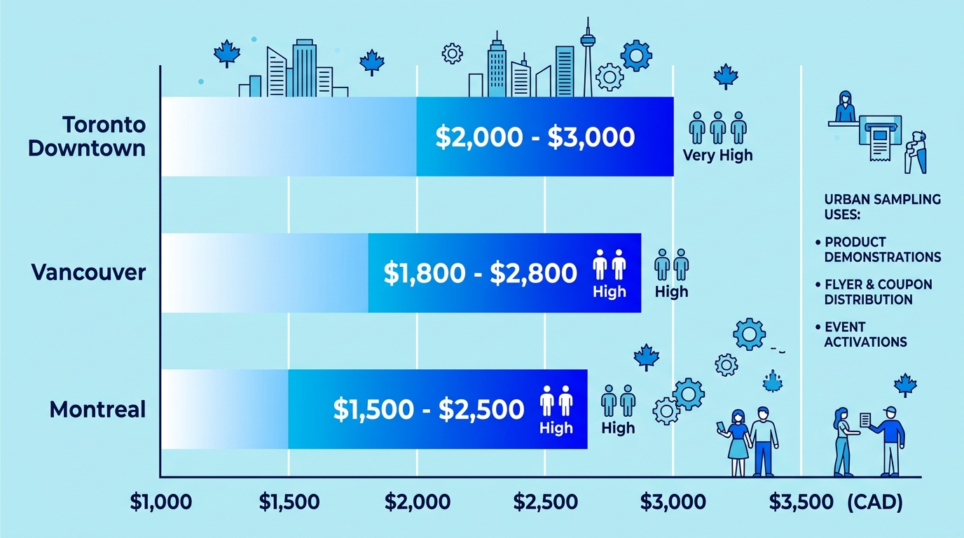 Horizontal bar chart comparing street team daily costs in Toronto, Vancouver, Montreal with foot traffic icons