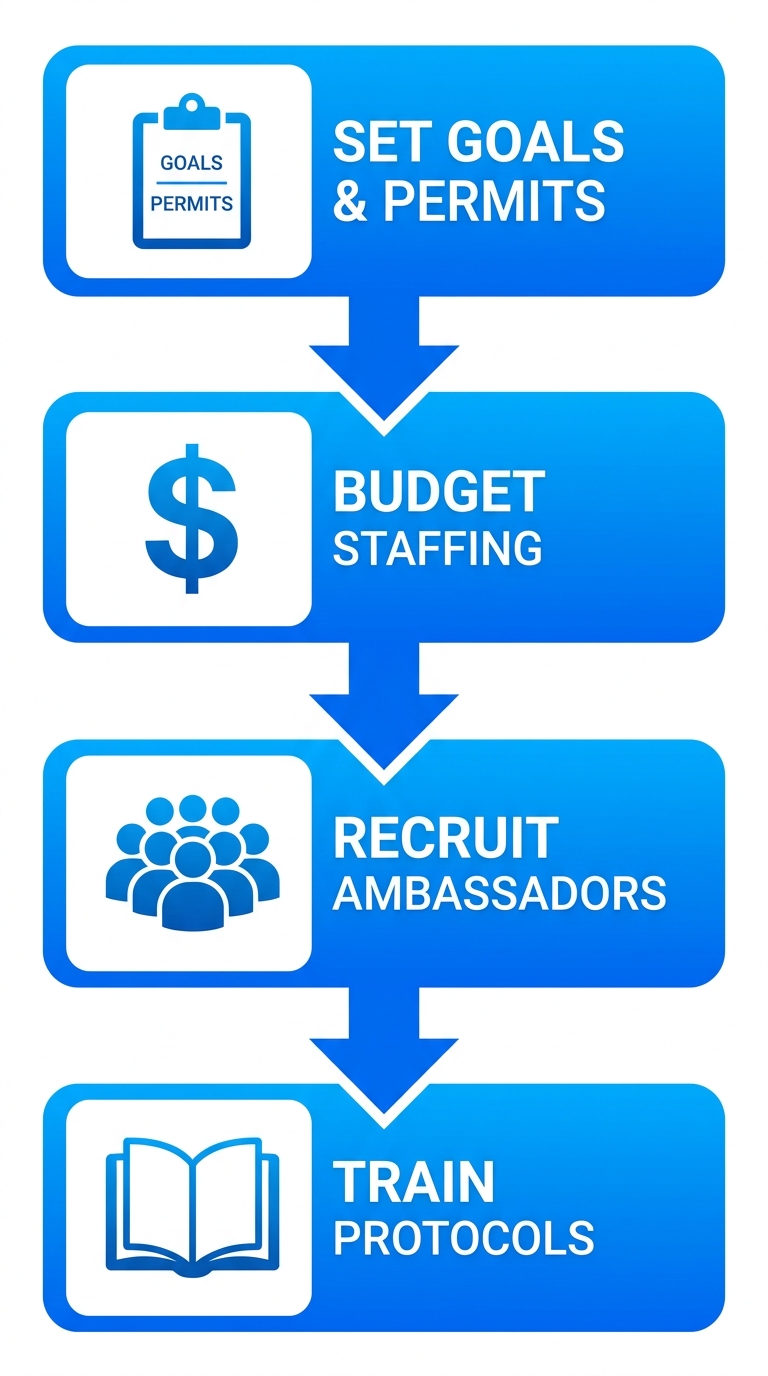 Vertical process flow diagram showing 4 key steps to launch street teams in Canada: set goals and permits, budget staffing, recruit ambassadors, train protocols.