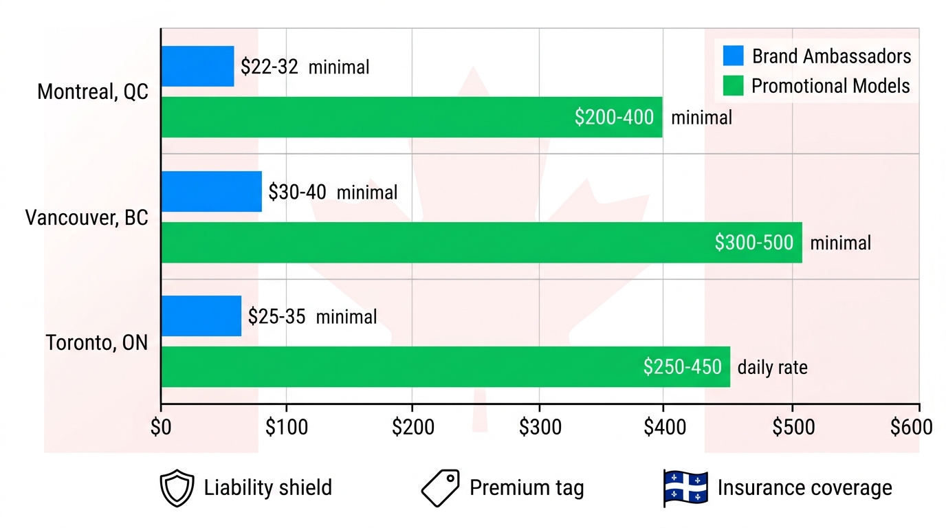 Horizontal bar chart comparing brand ambassadors and promotional models staffing rates in Toronto, Vancouver, Montreal with insurance icons