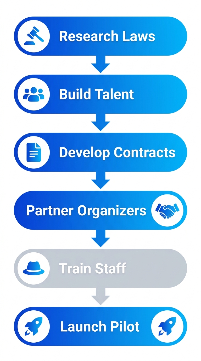 Vertical process flow diagram of six steps to launch promotional staffing: research laws, build talent pool, develop contracts, partner organizers, train staff, launch pilot with icons.