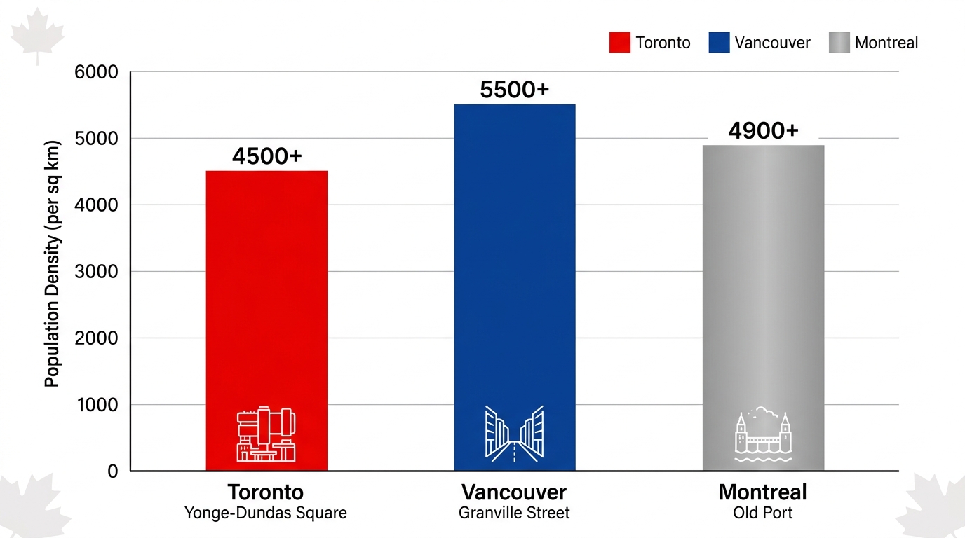 Vertical bar chart comparing population densities per square km in Toronto, Vancouver, and Montreal for guerrilla marketing potential.
