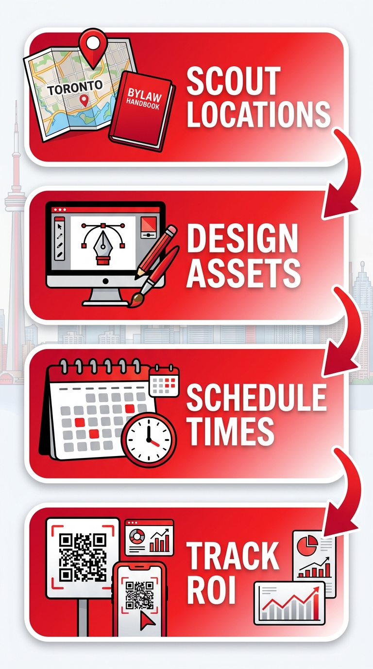 Vertical process flow diagram illustrating four steps for launching a guerrilla marketing campaign in Toronto: scouting locations, designing assets, scheduling peak times, and tracking ROI.