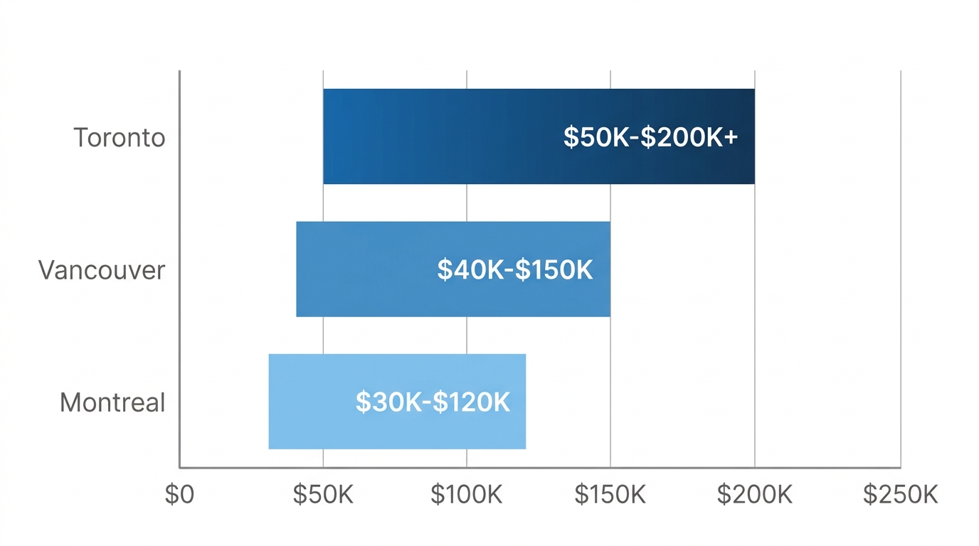 Horizontal bar chart comparing event marketing cost ranges in Toronto, Vancouver, and Montreal.