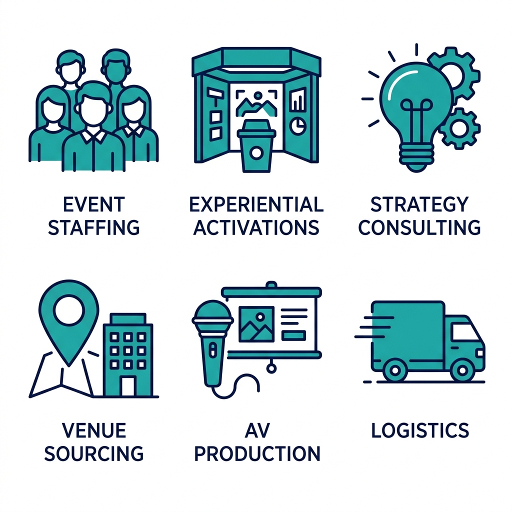 Square grid of 6 icons for Reef Agency event marketing services: staffing, activations, strategy, venues, AV, logistics