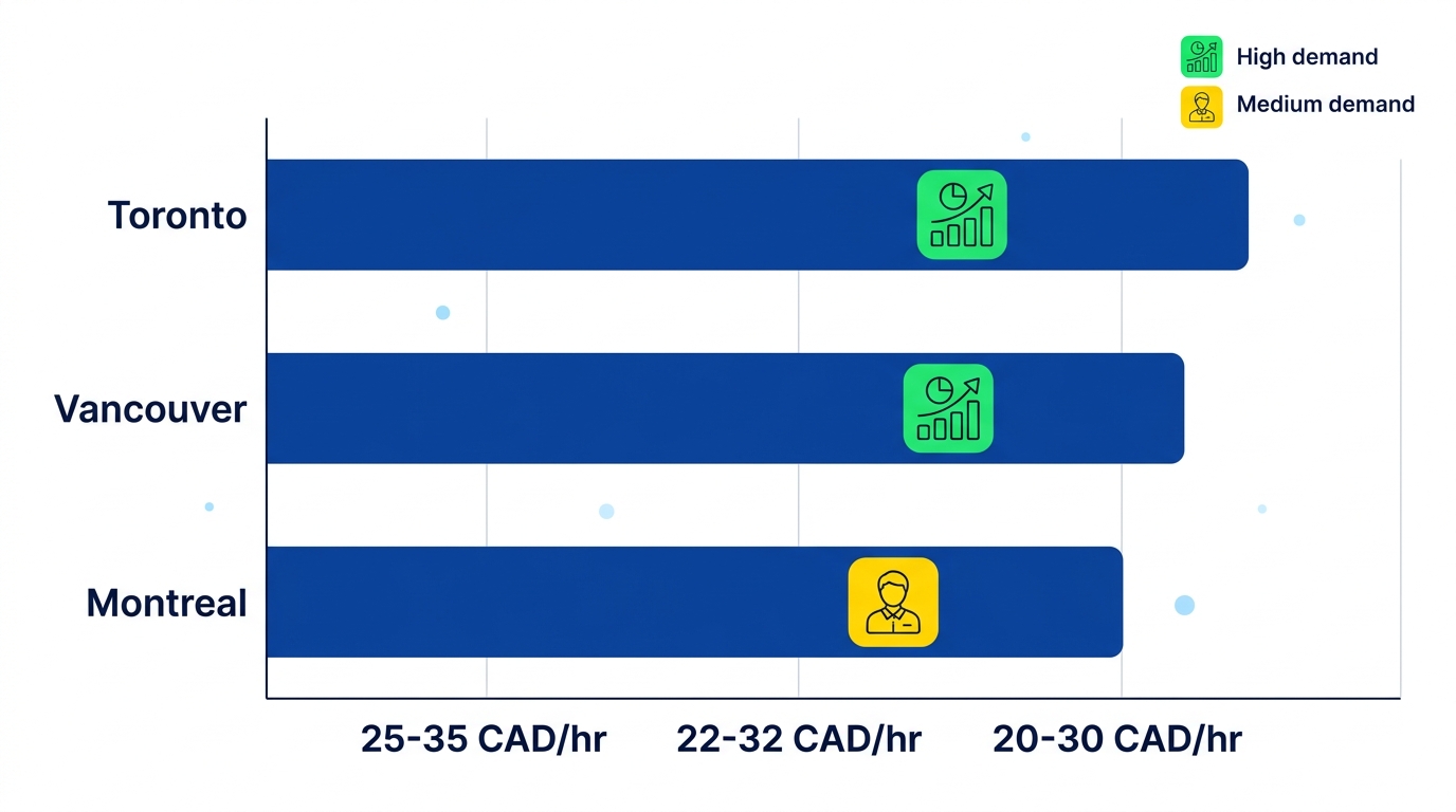 Horizontal bar chart of brand ambassador hourly rates and demand levels in Toronto, Vancouver, and Montreal from Job Bank Canada data
