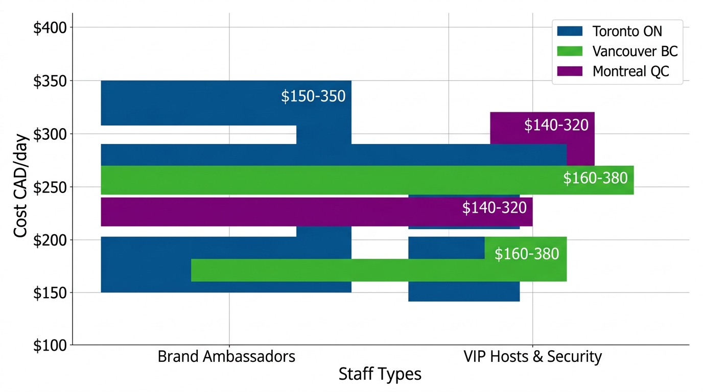 Horizontal grouped bar chart comparing event staffing costs across Toronto, Vancouver, and Montreal regions