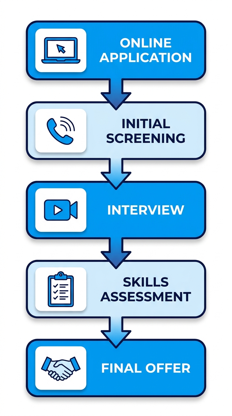 Vertical process flow diagram showing 5 steps for hiring nationwide event staff: online application, initial screening call, interview, skills assessment, final offer with icons and connecting arrows