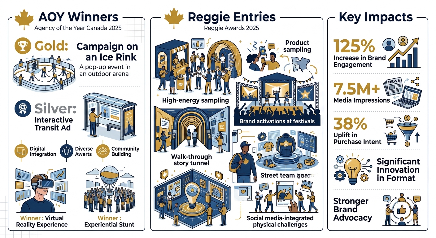 Infographic depicting AOY Awards Canada 2025 winners, Reggie Awards 2025 experiential entries, and campaign impacts for experiential marketing