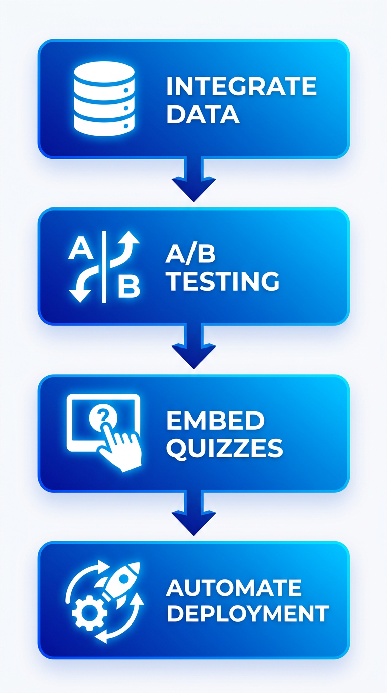 Vertical process flow illustrating 4 steps of dynamic content creation: integrate real-time data, CMS A/B testing, embed quizzes and polls, automate via user triggers.