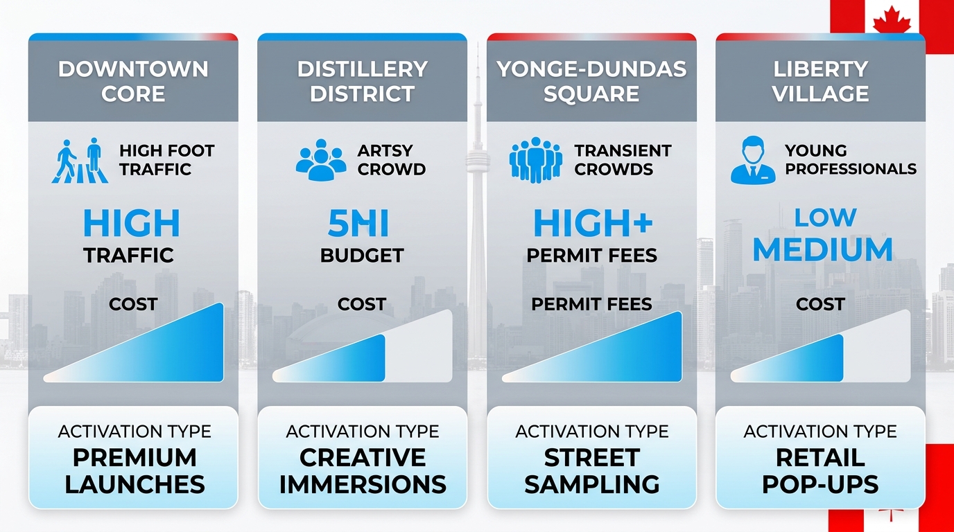 Infographic comparing four Toronto neighbourhoods for experiential marketing activations with icons for foot traffic, costs, and ideal uses.