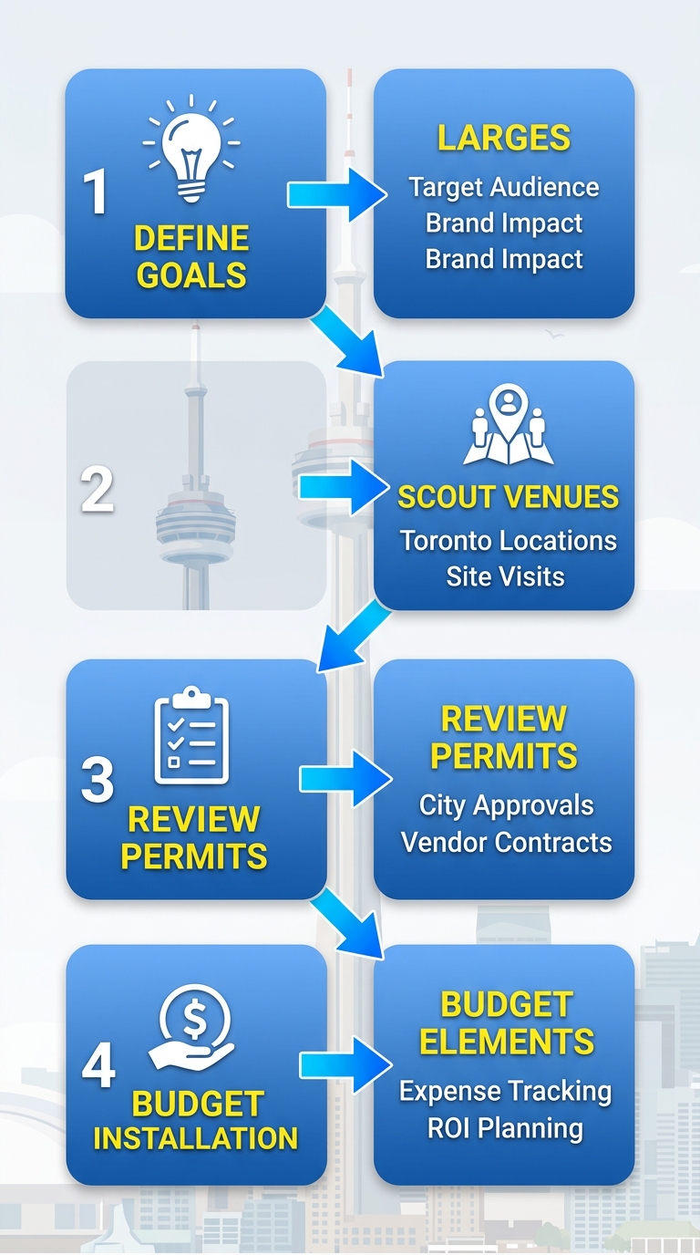 Vertical process flow diagram with four stages for launching experiential marketing in Toronto: Define Goals, Scout Venues, Review Permits, Budget Elements.